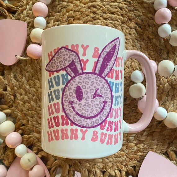 Hunny Bunny Coffee Mug, Easter Mug, Spring, Leopard Smiley face, Winking face, Hunny Bunny gift, Large 15oz Mug