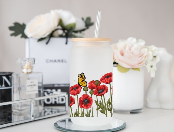 Red Poppy Wild Flower, Frosted Glass Cup, Glass Iced Coffee Cup with Lid and Straw, Gift for Friend, Superbloom, California Wild Poppy