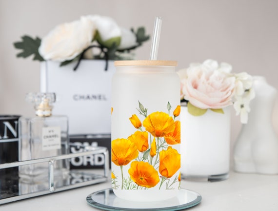 Poppy Wild Flower, Frosted Glass Cup, Glass Iced Coffee Cup with Lid and Straw, Gift for Friend, Superbloom, California Wild Poppy