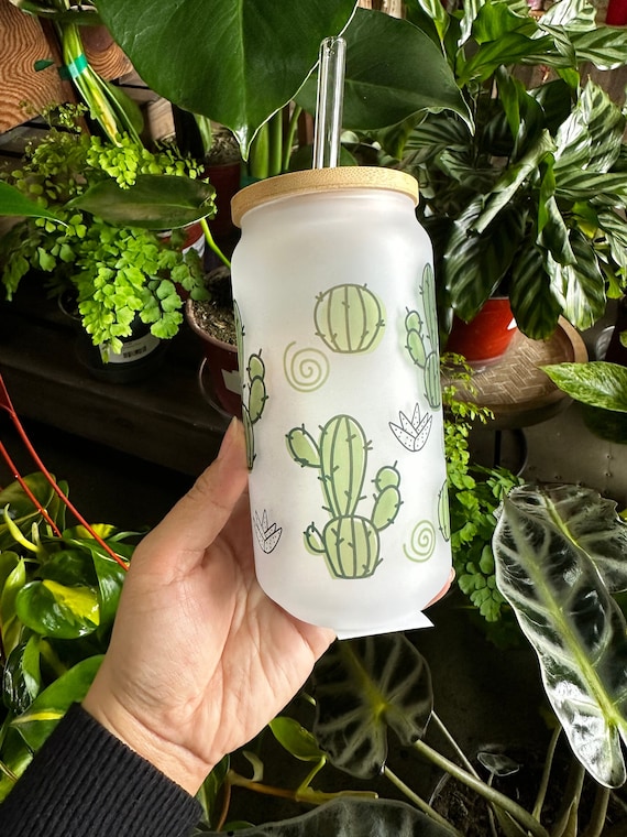 Cactus Succulent Can Glass, Monstera, Houseplant, Frosted Glass Cup, Large Glass Can, Can Glass straw and lid