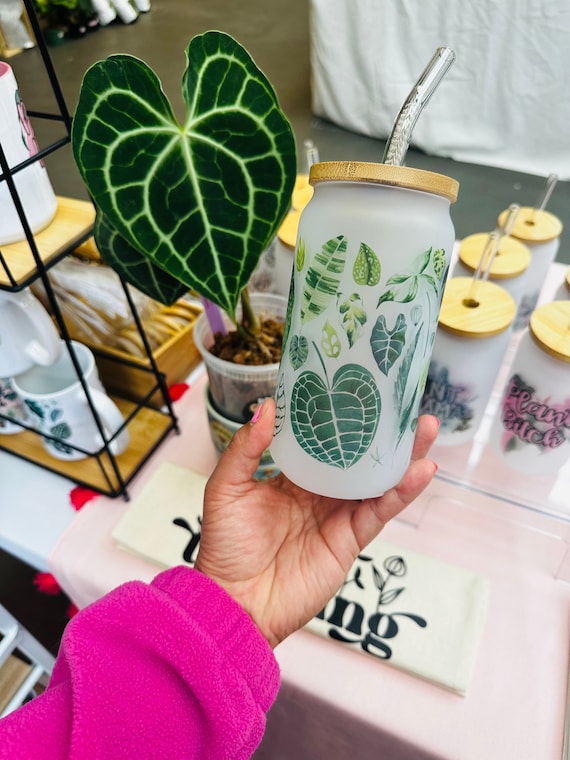 Houseplants, Frosted Glass Cup, Glass tumbler, Heart leaves, Alocasia, Monstera Albo, Libbey Glass, Rare Plants Collector, Plant Lady