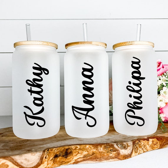 Personalized Iced Coffee Glass Cup with Bamboo Lid and Glass Staw, Bridesmaids, Bridal Party Gift, Custom Bridal Party Gift, 18oz Beer Can