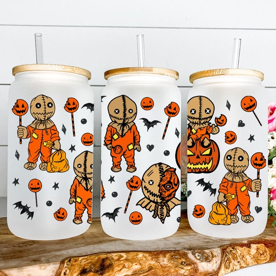 Halloween, Trick or Treat, Horror Movie Characters, Spooky Vibes, Horror, Frosted Glass Cup with lid/straw