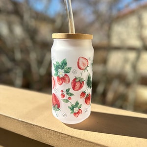 Strawberry, Frosted Glass Cup, Gift for her, Glass Iced Coffee Cup with Bamboo Lid and Straw Aesthetic