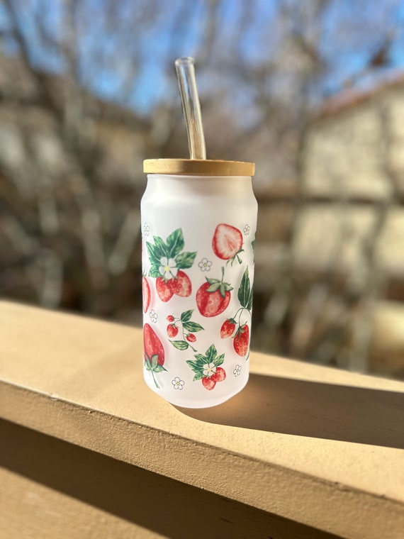 Strawberry, Frosted Glass Cup, Gift for her, Glass Iced Coffee Cup with Bamboo Lid and Straw Aesthetic