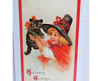 フェルディナン・デスノス、赤い傘の下の猫、希少画集画、新品額装付、状態良好 フランシス・ブランデージによるハロウィーンの挨拶のポストカード復刻