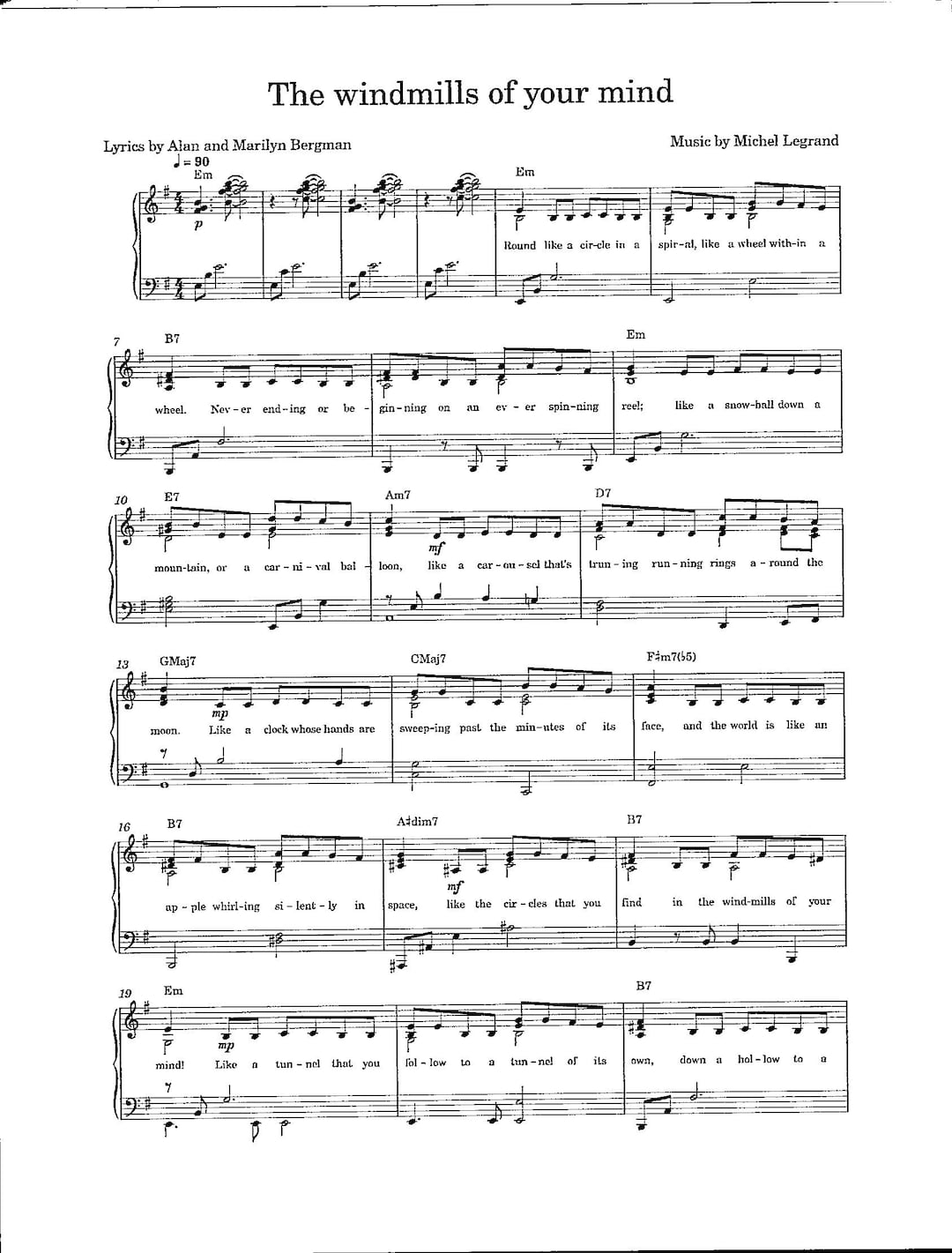 Digital piano sheet music cover for 'The Windmills of Your Mind' featuring a windmill-themed visual and title details