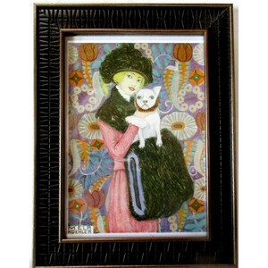Mela Koehler Frau Weisser Hund gerahmt Fashion Card Print 13x18cm