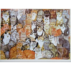 May include: A colorful illustration featuring a large gathering of cats. The cats are depicted in various poses and colors, including orange, gray, black, and white. Many cats are wearing collars. The artwork has a detailed, realistic style.