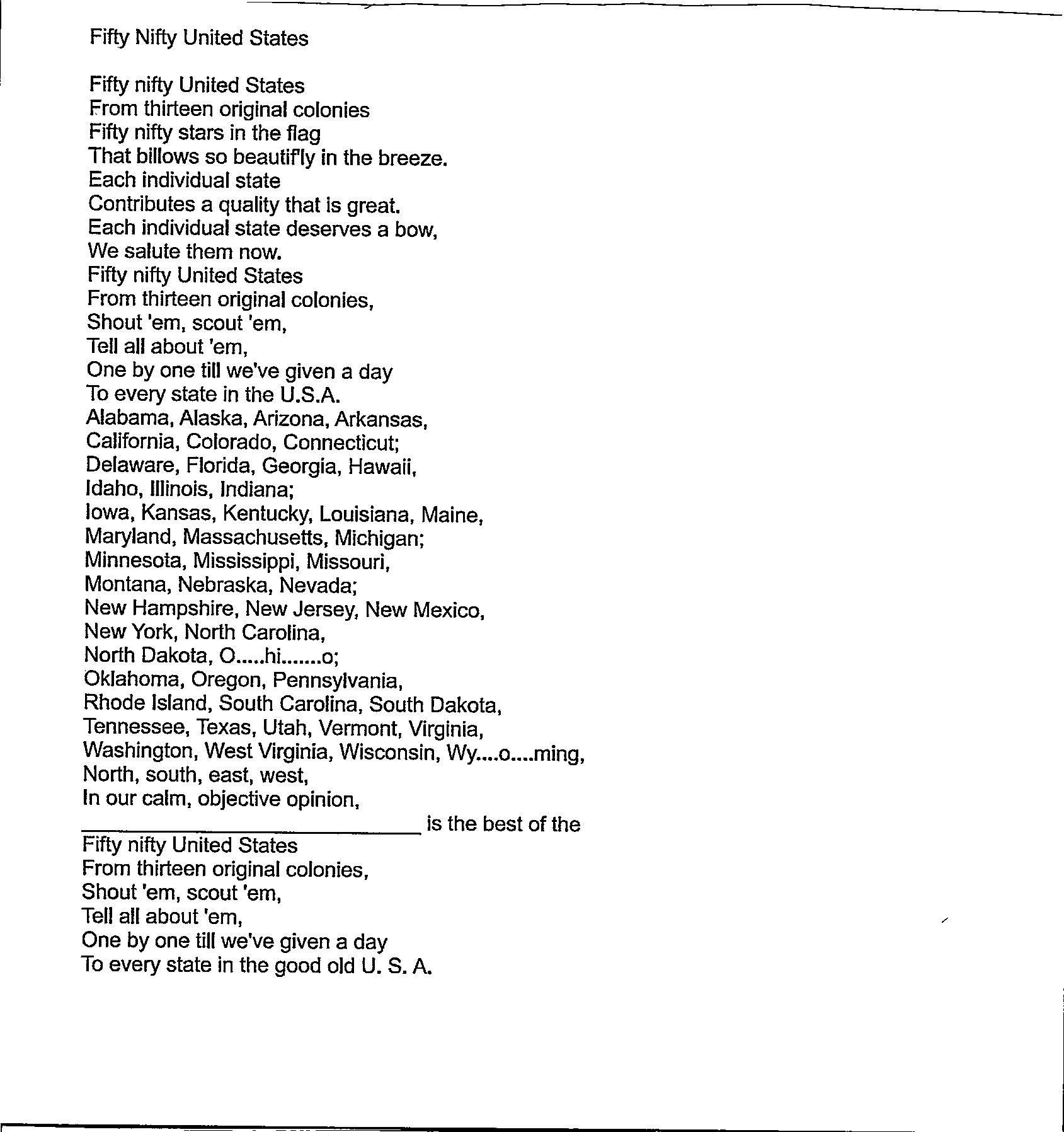 Lyrics to Fifty Nifty United States - Digital Download of the United