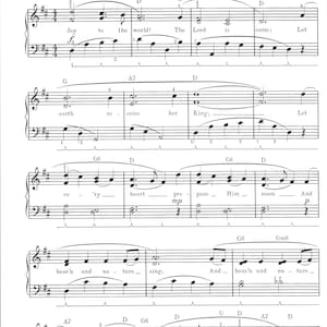 Könnte beinhalten: Eine Notenpartitur für das Lied "Joy to the World" von Isaac Watts und G.F. Händel. Die Musik ist in D-Dur geschrieben und hat einen 4/4-Takt. Der Text ist unter der Musik abgedruckt.