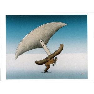 May include: A person in brown clothing carries a large, white, disc-shaped object on their back. The object has a long, thin handle and two small holes. The person is walking on a white surface with a blue sky in the background.