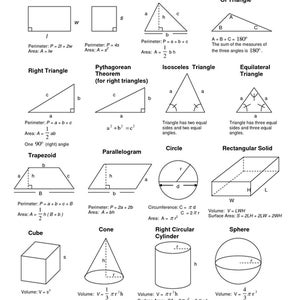 May include: A black and white diagram showing geometric formulas for various shapes, including rectangle, square, triangle, trapezoid, parallelogram, circle, cube, cone, cylinder, sphere, and rectangular solid. The diagram also includes formulas for calculating distance, percent, temperature, and simple interest.