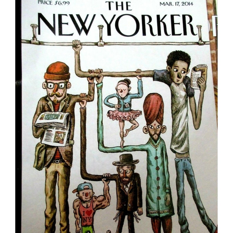 May include: The New Yorker magazine cover illustration features stylized figures holding onto a subway handrail. The figures are diverse in appearance and attire, including a ballerina, a man in a turban, and a man reading a newspaper.