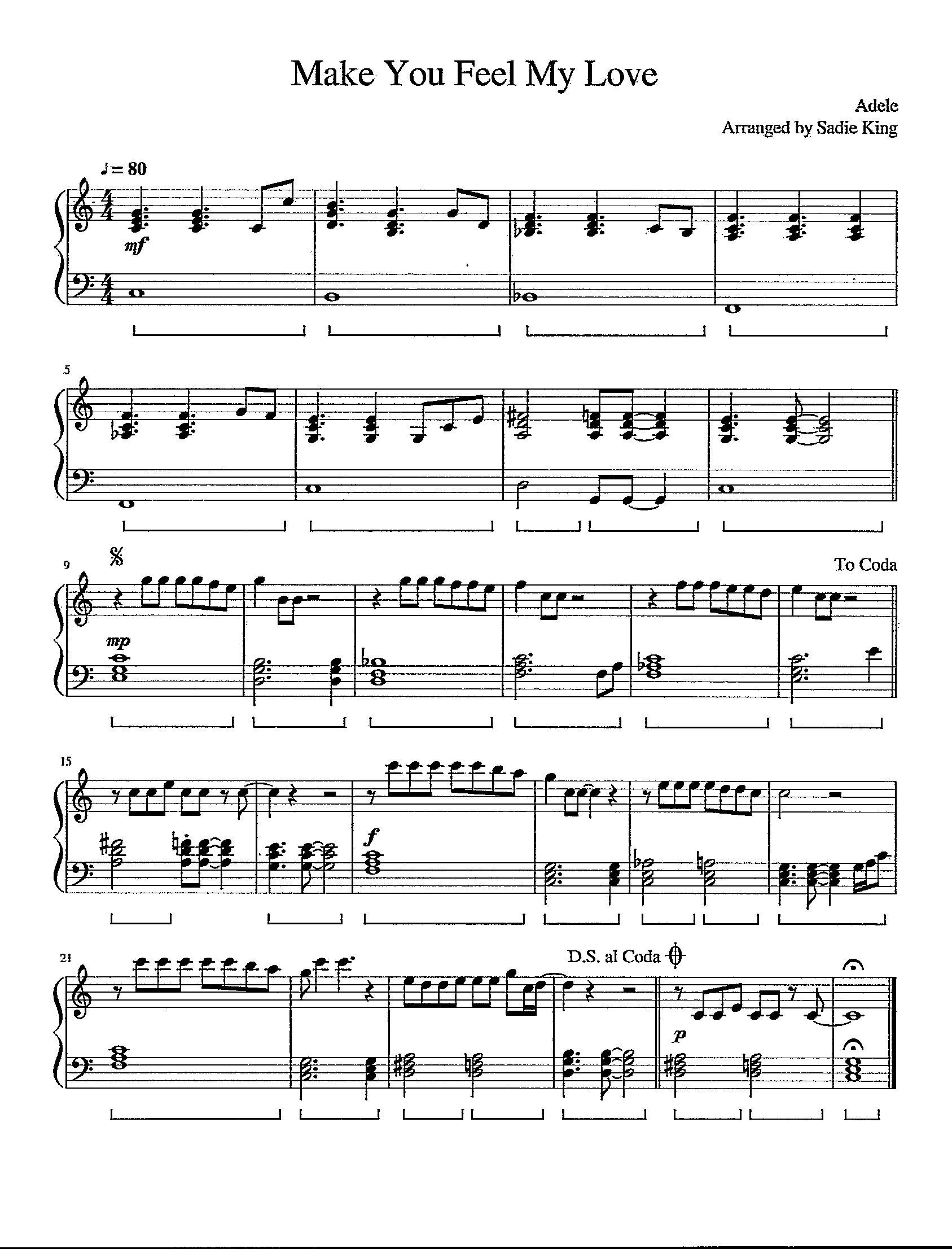 Make You Feel My Love - Intermediate Piano Solo - Printable