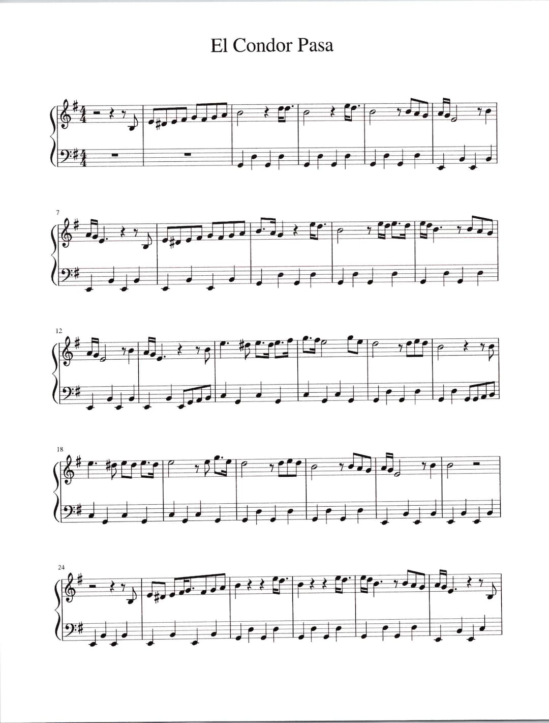El Condor Pasa Piano Solo Digital Sheet Music Key of E Minor Etsy