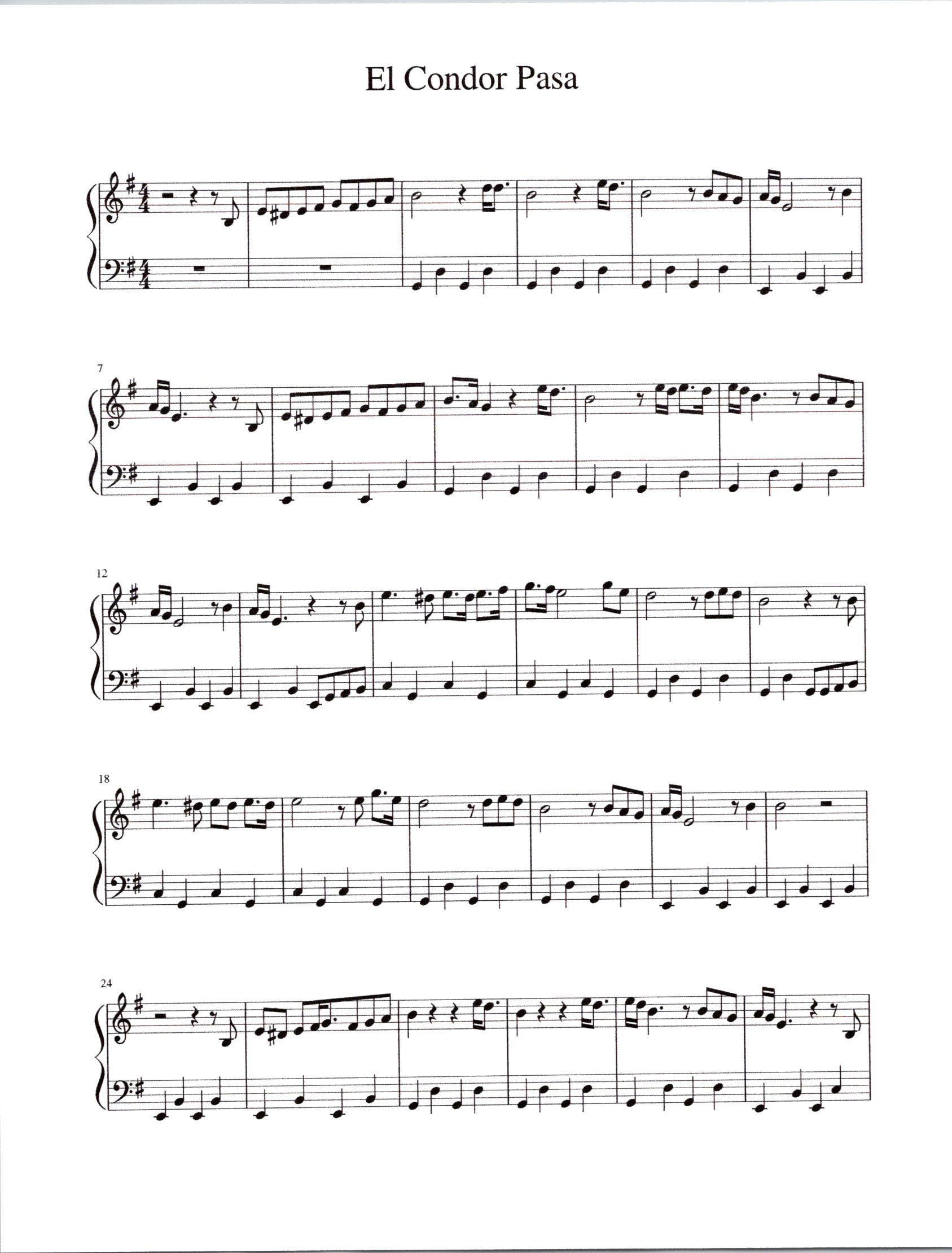 El Condor Pasa Piano Solo - Digital Sheet Music - Key of E Minor