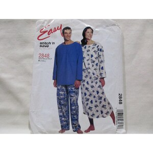 May include: A sewing pattern envelope labeled Easy stitch 'n save by McCall's 2848. The front shows a long-sleeve blue shirt and patterned pants, alongside a long-sleeve patterned nightgown. The text includes size A (S-M-L) and the number 2848.