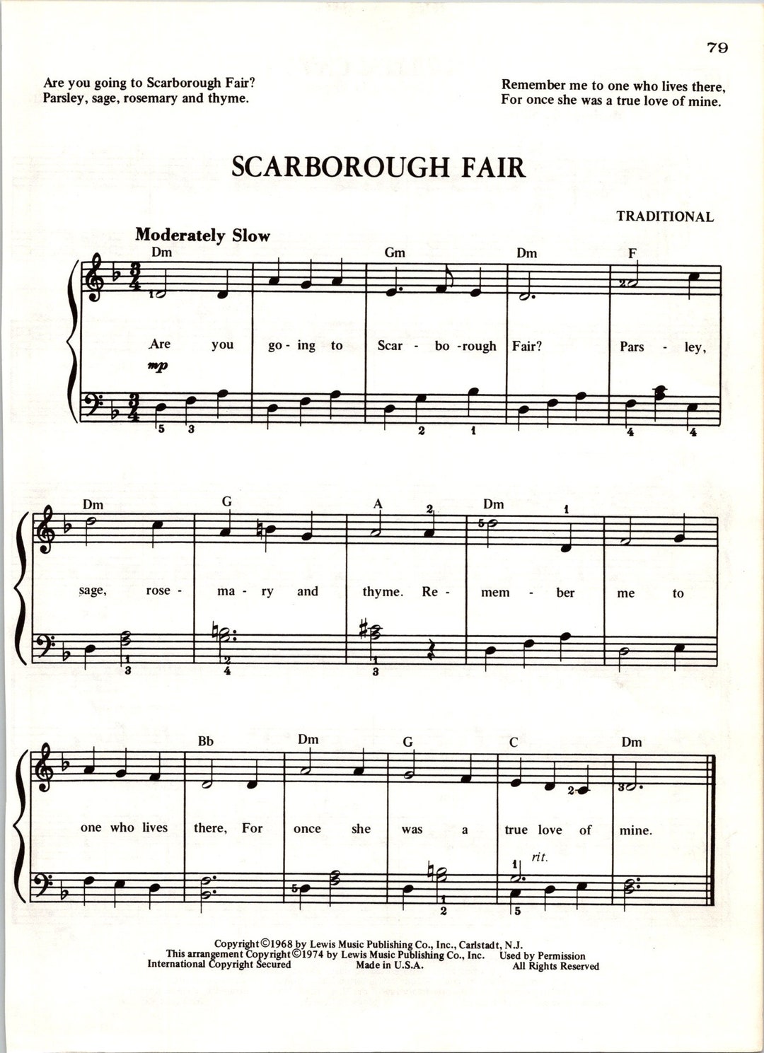 Scarborough Fair Digital Sheet Music For Piano Organ Keyboards Guitar