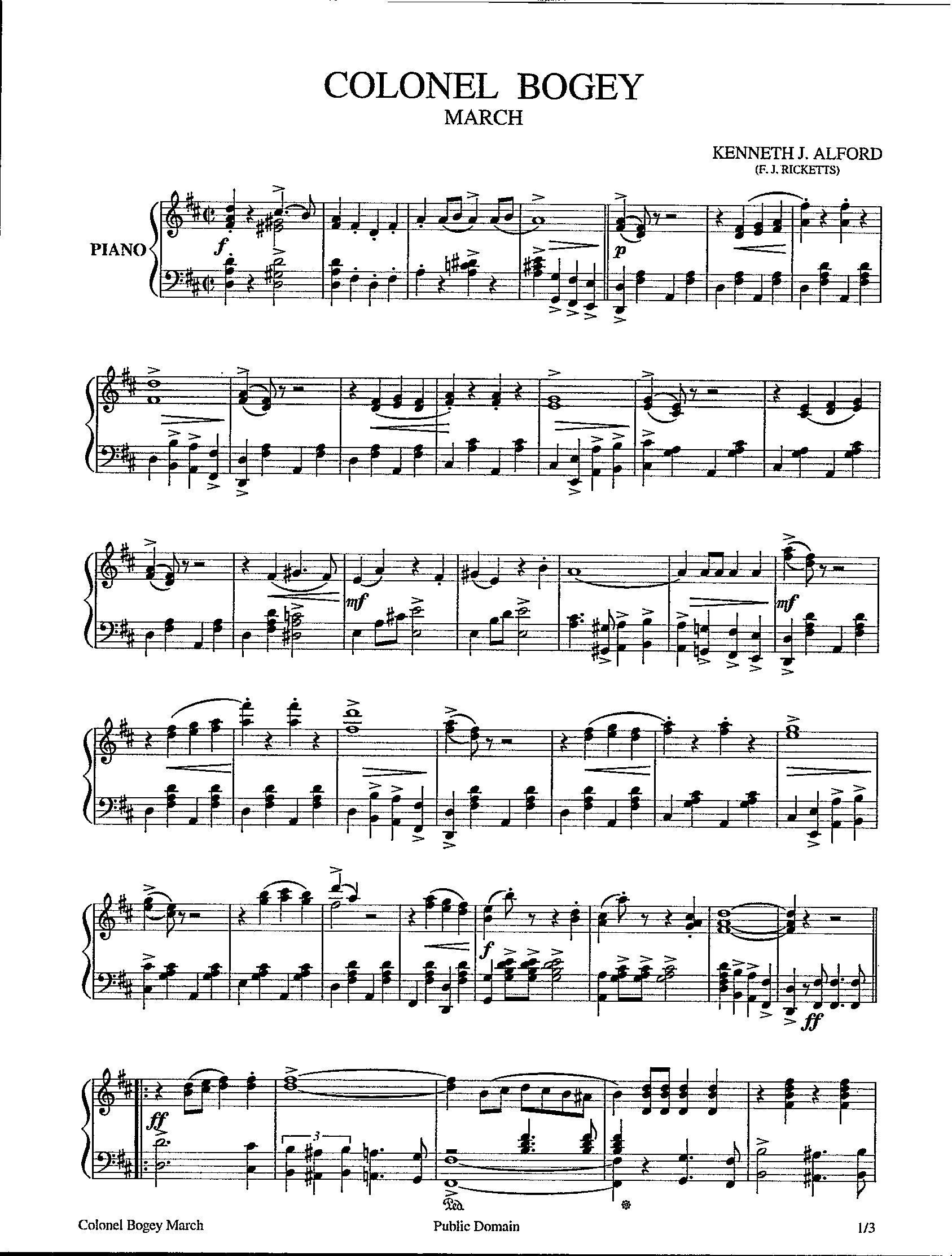 Colonel Bogey March - Digital Advanced Piano Solo - Keys of D and