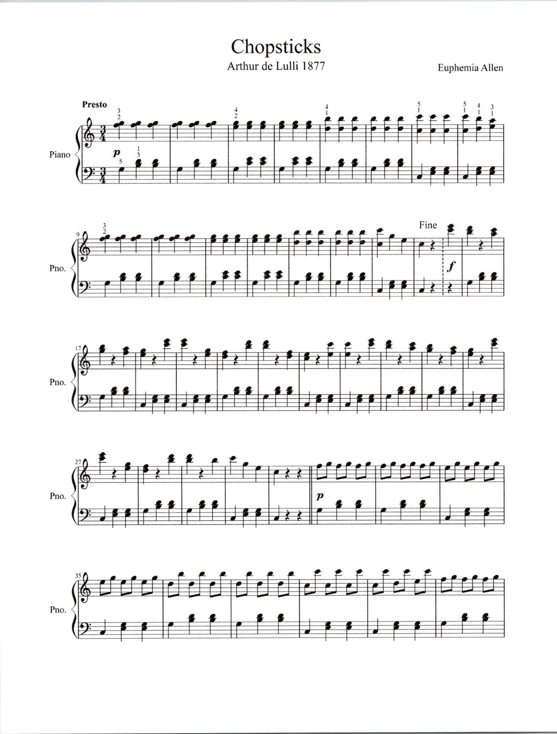 Chopsticks Piano Solo Digital Sheet Music Key of C Etsy