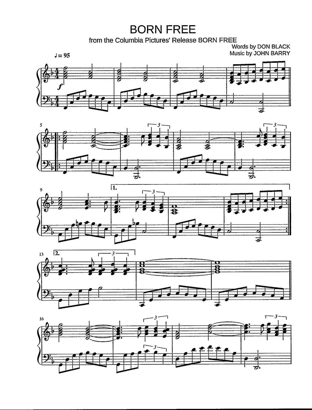 Born Free - bladmuziek solo digitale piano - gemiddeld niveau - toonsoort F  - Etsy België, image size:1080x1418