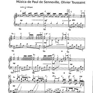 May include: Sheet music for the song "Ballade Pour Adeline" by Paul de Senneville and Olivier Toussaint. The music is written in the key of C major and is in 4/4 time. The tempo is lento, or slow, and the beat is 60 beats per minute. The music is written in a standard musical notation format, with notes, rests, and clefs.