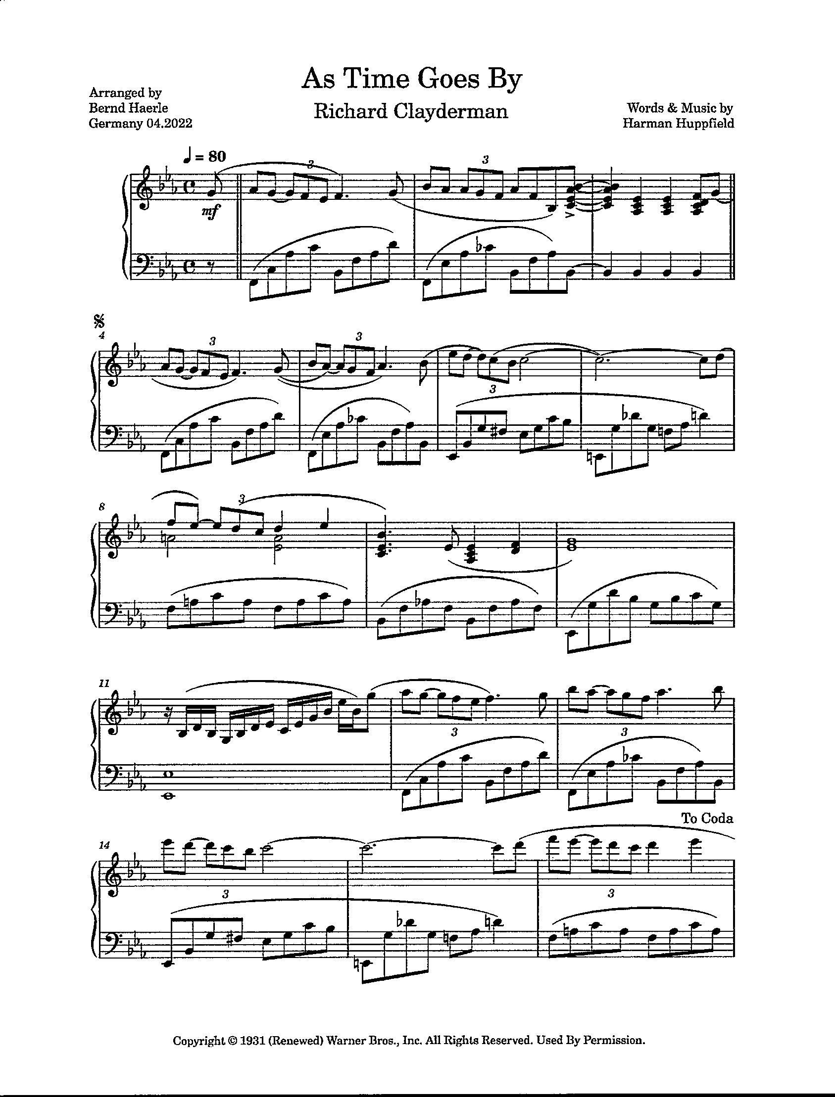 As Time Goes by - Digital Piano Solo - Key of E Flat Intermediate
