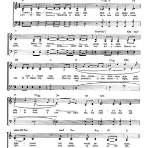 Peut inclure: Une partition de musique pour une chanson intitulée "The Lighthouse" de Ronnie Hinson. Les paroles comprennent les lignes "There's a light house on the hill side that lives about us" et "When I'm tossed, big ships don't sail this way."
