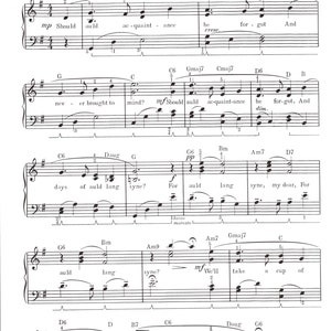 Puede incluir: Partitura de "Auld Lang Syne" en tinta negra sobre papel blanco. El título es rosa, con notas musicales y letras. El texto incluye "Scotch Melody" y notaciones musicales como "Moderato" y "G6".