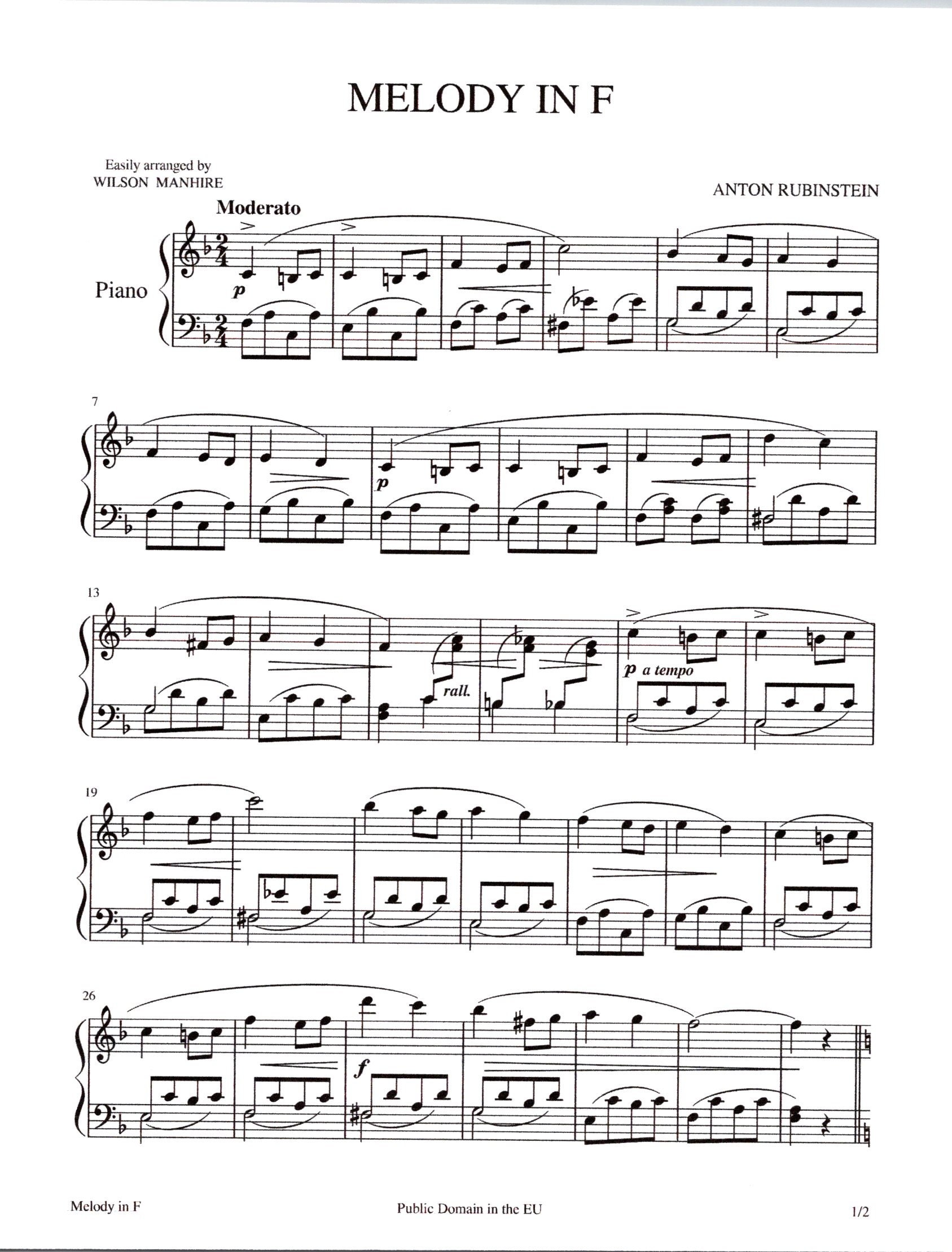 Anton Rubinstein 'Melody In F' Sheet Music, Chords & Lyrics