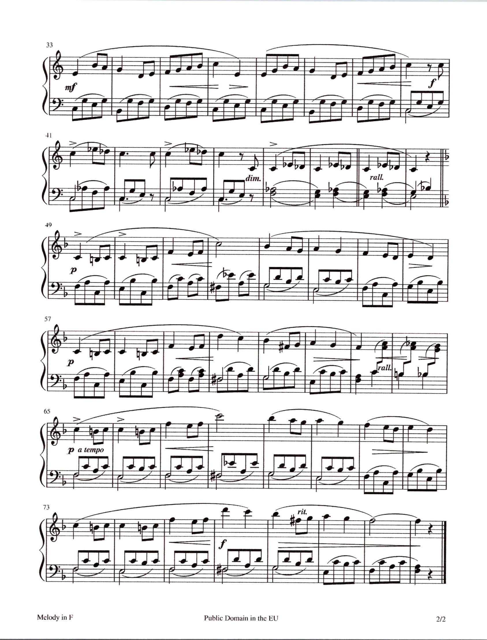 Melody In F sheet music for piano solo (PDF)