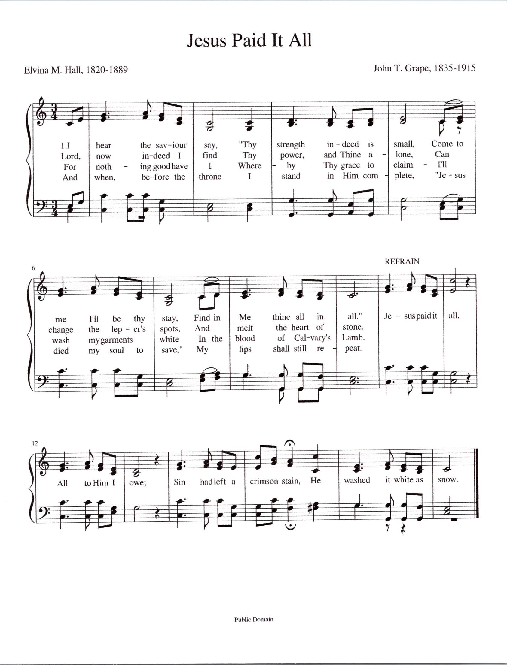 Jesus Paid It All Sheet Music Digital Hymn Tune Key of C 4 Verses Etsy