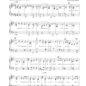 Peut inclure: Une partition de musique pour "La Prière du Seigneur" par Albert Hay Malotte. La musique est écrite en notation standard avec les paroles imprimées sous chaque portée musicale. Le titre de la pièce est imprimé en haut de la page, ainsi que le nom du compositeur et la source des paroles.