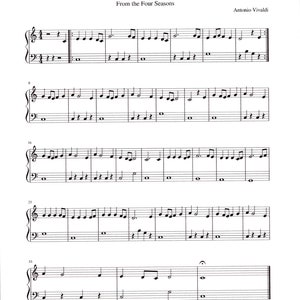 May include: Sheet music for "Spring (easy)" from Vivaldi's "The Four Seasons." The black musical notes are printed on white paper. The title and composer's name are at the top of the page.