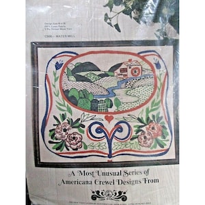 May include: A vintage needlepoint kit featuring a colourful illustration of a water mill in a rural landscape. The kit includes 100% linen fabric and 3-ply Persian wool yarn. The design size is 15 inches by 15 inches. C500 - WATER MILL.