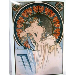 Cartão postal de arte - Menina com cavalete 1898, do artista Alphonse Mucha