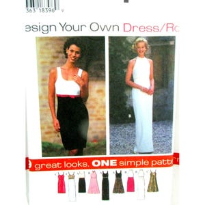 Peut inclure: Une pochette de patron de couture intitulée Design Your Own Dress/Robe présentant deux photographies de robes, une longueur genou avec un corsage blanc et une jupe noire, et une robe blanche longue, avec des illustrations de variantes en bas.