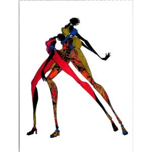 Op de afbeelding: Een abstracte kunstprint met drie gestileerde figuren in dynamische poses. De figuren zijn weergegeven in levendige kleuren, waaronder rood, goud en zwart, met ingewikkelde patronen. Het kunstwerk staat tegen een witte achtergrond.