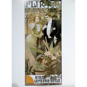 Cartão postal de arte - Flerte - Biscoitos Lefevre-Utile 1895 do artista Alphonse Mucha