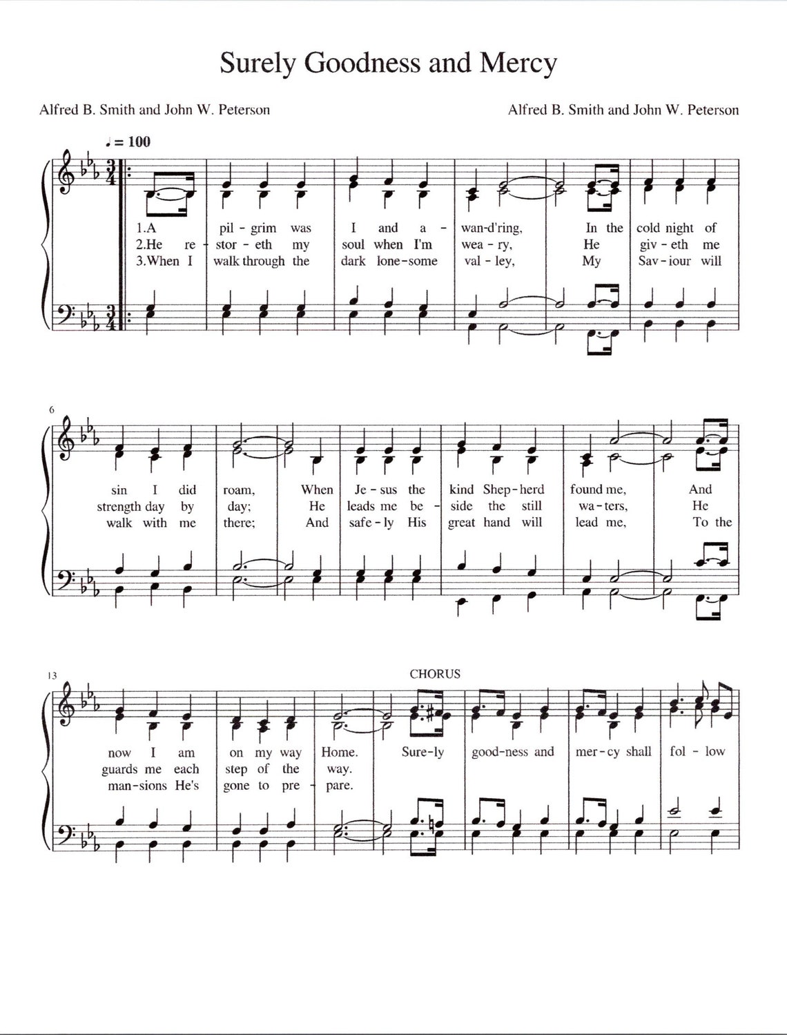 Surely Goodness and Mercy by Peterson Sheet Music Digital Hymn Tune Key of E Flat 3 Verses Etsy