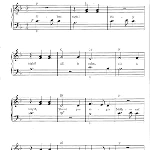 May include: A sheet music score for the song "Silent Night" by Franz Gruber. The music is written in the key of F major and is in 4/4 time. The lyrics are printed below the music.