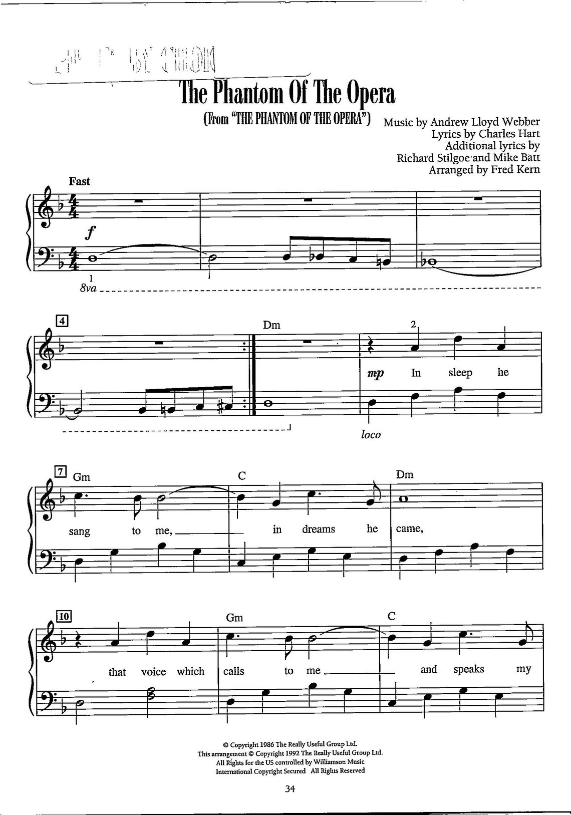 Phantom of the Opera Sheet Music - Digital Movie Broadway Tune - Very