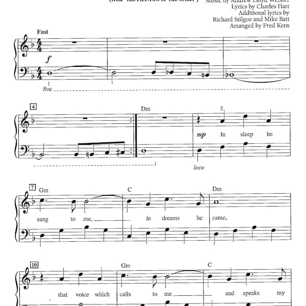Phantom of the Opera Sheet Music - Digital Movie Broadway Tune - Very early Intermediate Level Key of D Minor