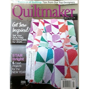 May include: Quiltmaker magazine cover featuring a colorful quilt with a geometric design in shades of pink, red, green, and blue. The magazine title is "Quiltmaker" and the issue is January/February 20. The cover also includes the text "Get Sew Inspired!" and "Star Bright 6 Fresh Projects for the New Year".