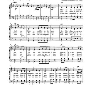 May include: A sheet music page with the title "Savior, Like a Shepherd Lead Us (BRADBURY)" and lyrics for a hymn. The music is written in the key of G major and includes a time signature of 4/4. The lyrics are in English and include the words "Savior", "Shepherd", "Lead Us", "Thy tender care", "guard-ian of our way", "sin-ful though we be", "pleas-ant pastures", "flock, from sin", "mercy to", "Bless-ed", "Jesus", "Hear, O", "Ear-ly", "brought us", "Thine we", "hear us", "pray", "Thee", "turn to".