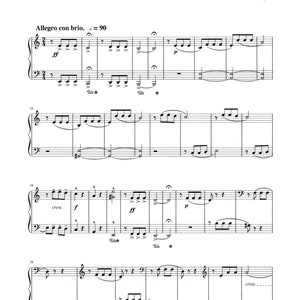 Puede incluir: Un libro de partituras para piano con el título "Sinfonía No. 5" y el compositor "L. van Beethoven, Op. 67." La música está escrita en clave de sol y clave de fa. El título "Allegro con brio. = 90" está escrito sobre la primera medida de música. La música incluye los términos "cresc." y "ff".