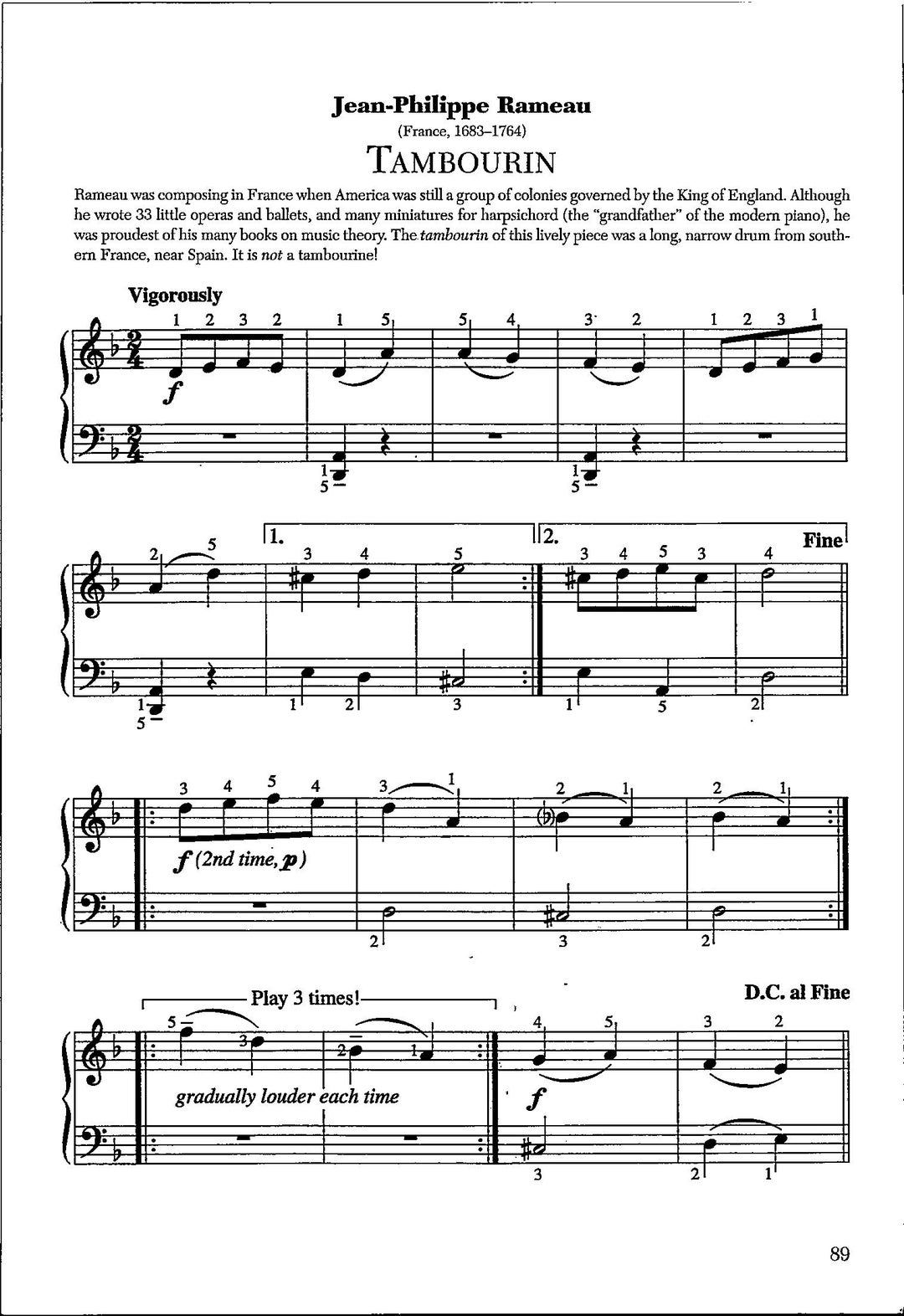 Tambourin by Jeanphilippe Rameau Digital Piano Sheet Music Key of D
