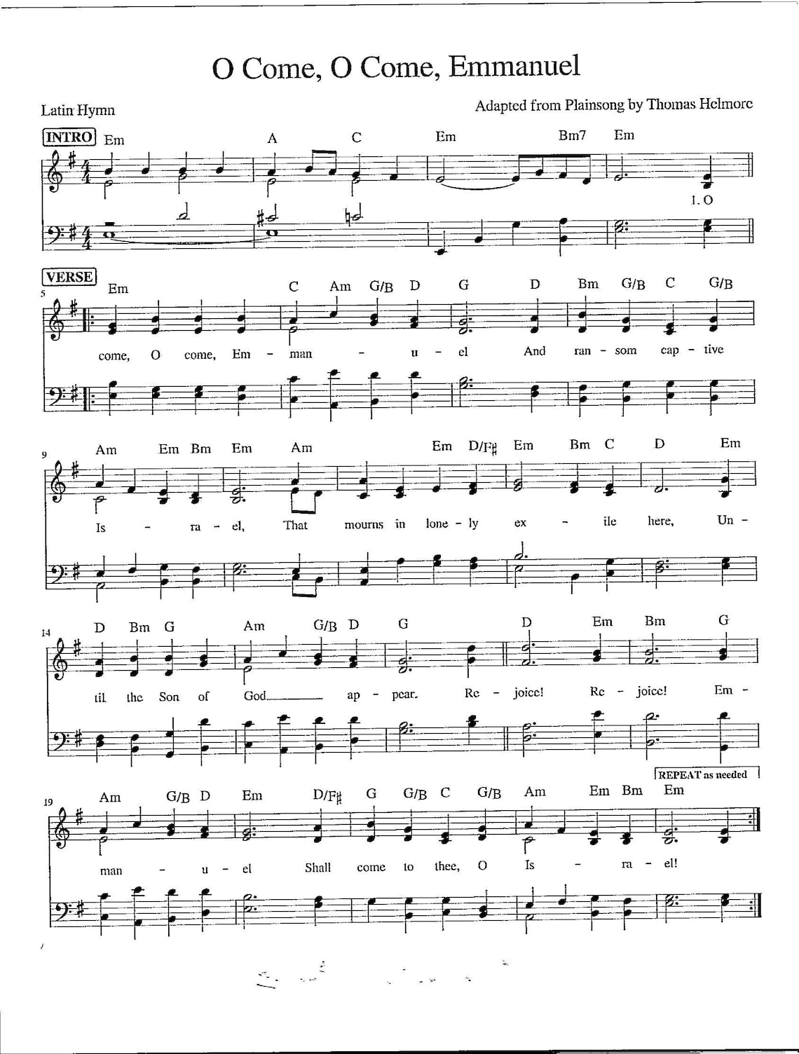 O Come, O Come Emmanuel - Printable Digital Christmas Hymn - Key of E ...