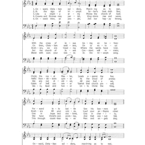May include: A sheet of music with the title "Onward, Christian Soldiers" by Sabine Baring-Gould and Arthur S. Sullivan. The music is written in a traditional hymn style with lyrics and musical notation.
